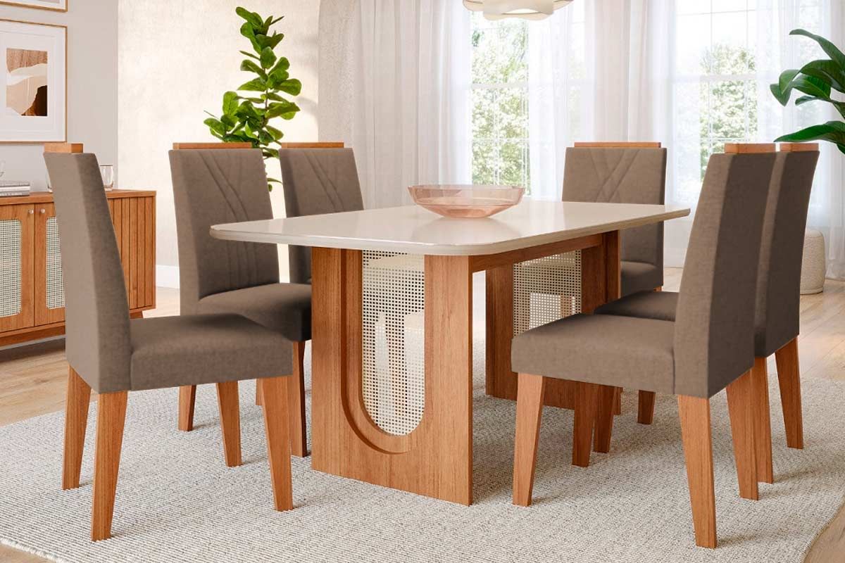 Sala Jantar Mesa Valentina Tampo Madeirado c/ Vidro 180x90cm e 6 Cadeiras Nicole - Cimol