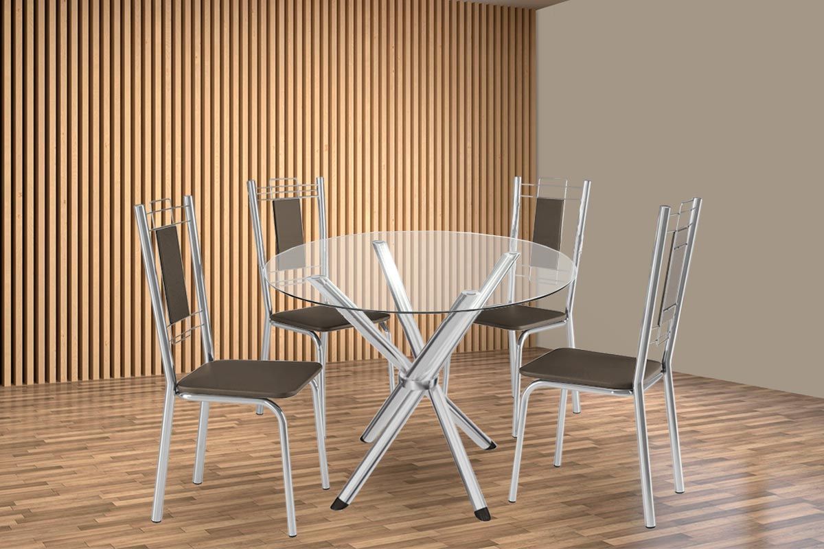 Sala Jantar Mesa Volga c/ Tampo de Vidro 95cm e 4 Cadeiras Florença - Kappesberg