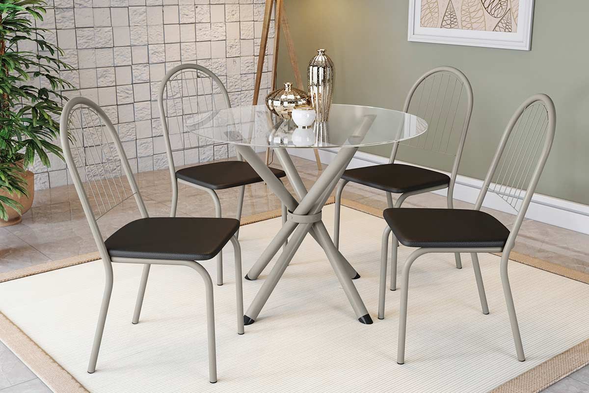 Sala Jantar Mesa Volga c/ Tampo de Vidro 95cm e 4 Cadeiras Noruega - Kappesberg