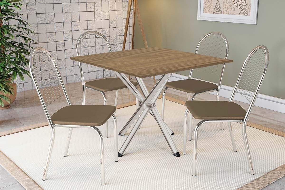 Sala Jantar Mesa Volga c/ Tampo de Madeira 90cm e 4 Cadeiras Noruega - Kappesberg