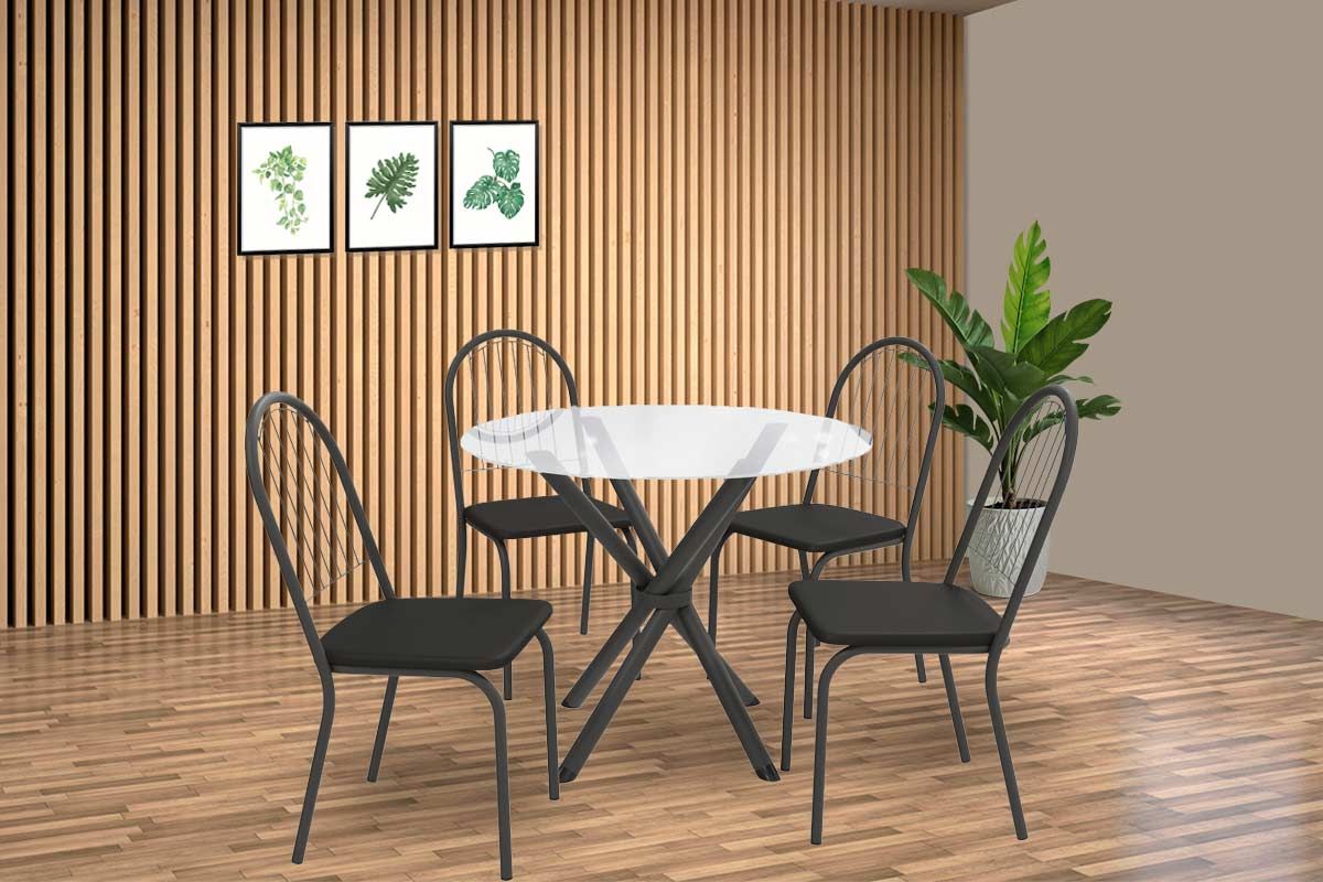 Sala Jantar Mesa Volga c/ Tampo de Vidro 95cm e 4 Cadeiras Noruega - Kappesberg