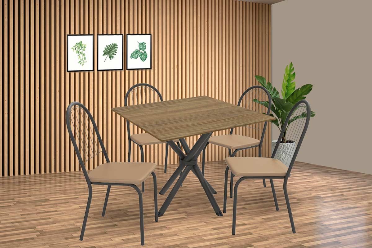 Sala Jantar Mesa Volga c/ Tampo de Madeira 90cm e 4 Cadeiras Noruega - Kappesberg