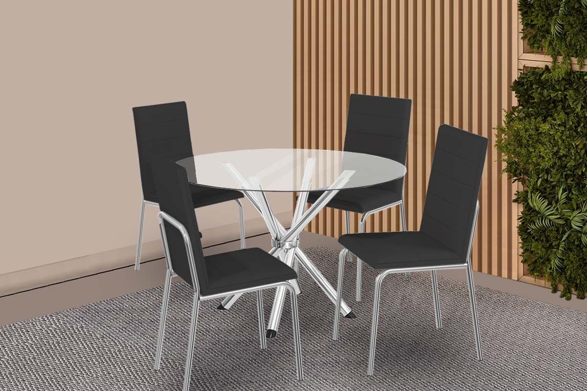 Sala Jantar Mesa Volga c/ Tampo de Vidro 95cm e 4 Cadeiras Amsterdã - Kappesberg