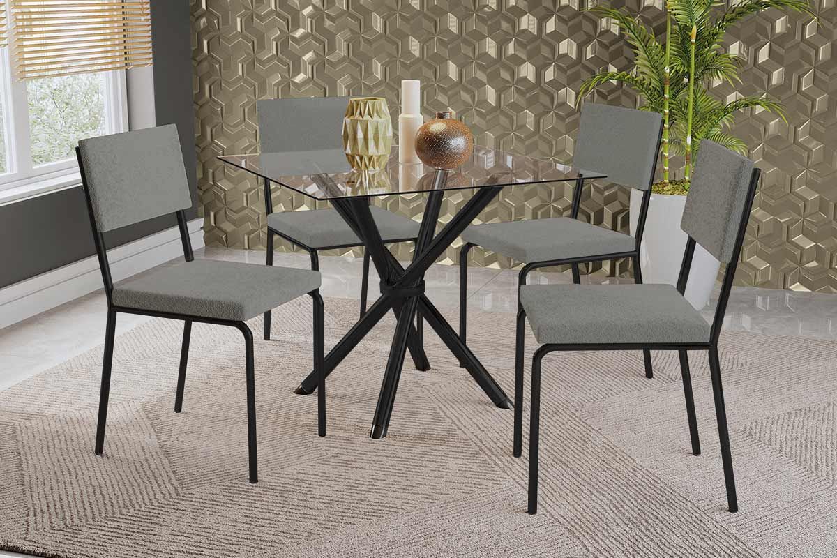 Sala Jantar Mesa Volga c/ Tampo de Vidro 90cm e 4 Cadeiras Zaria - Kappesberg