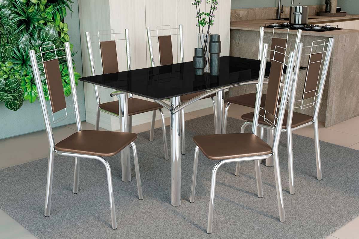 Sala Jantar Mesa Elba Tampo Madeirado c/ Vidro 160cm e 6 Cadeiras Florença - Kappesberg