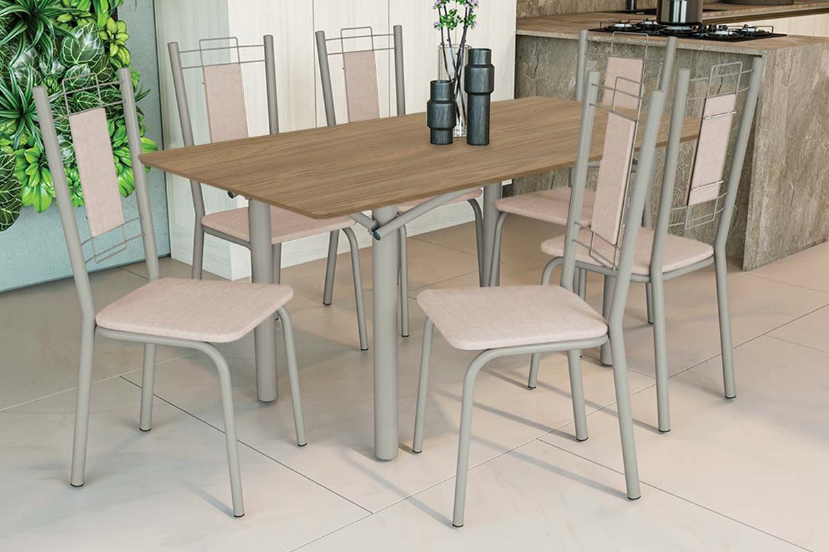 Sala Jantar Mesa Elba c/ Tampo de Madeira 160cm e 6 Cadeiras Florença - Kappesberg