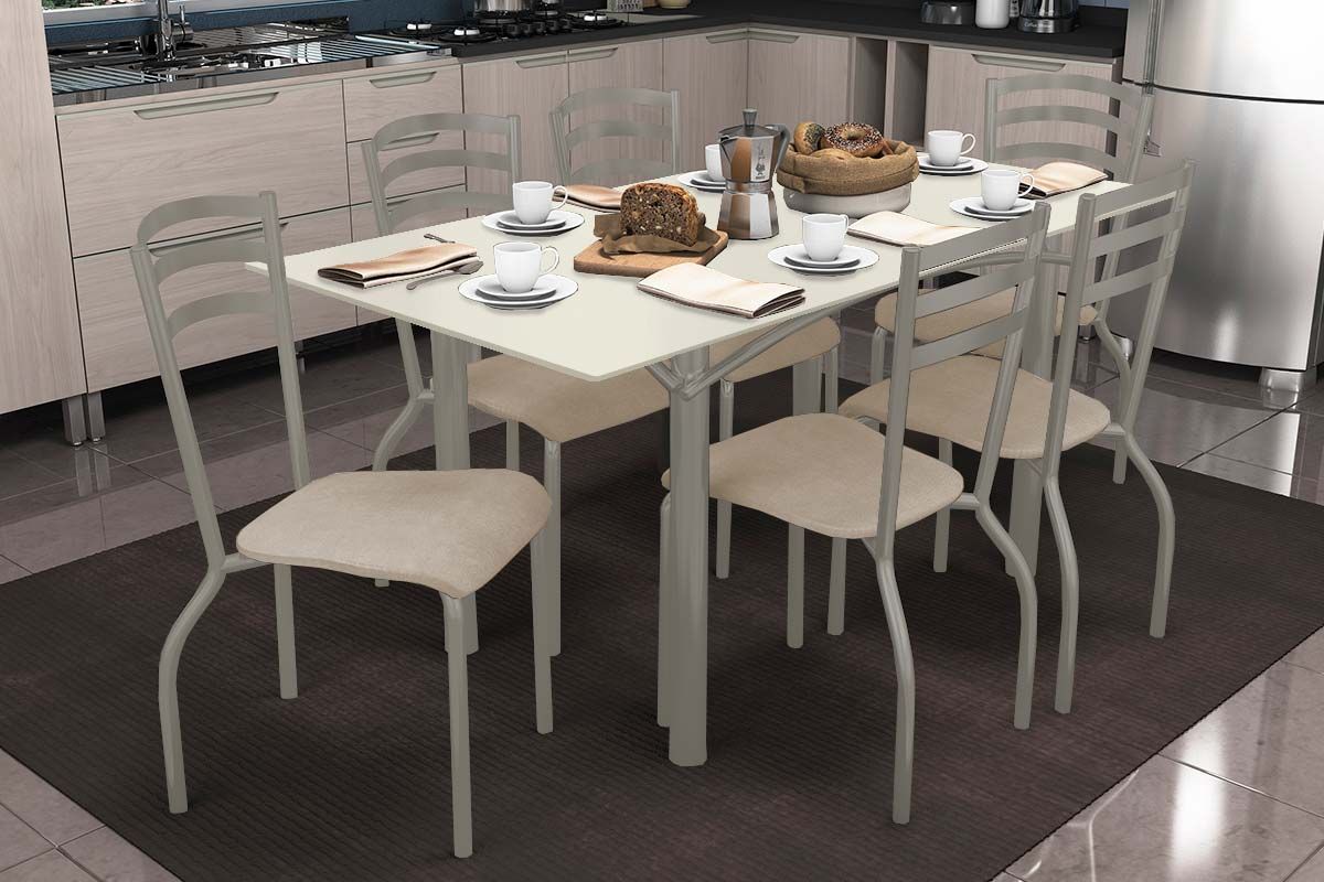 Sala Jantar Mesa Elba Tampo Madeirado c/ Vidro 160cm e 6 Cadeiras Portugal - Kappesberg