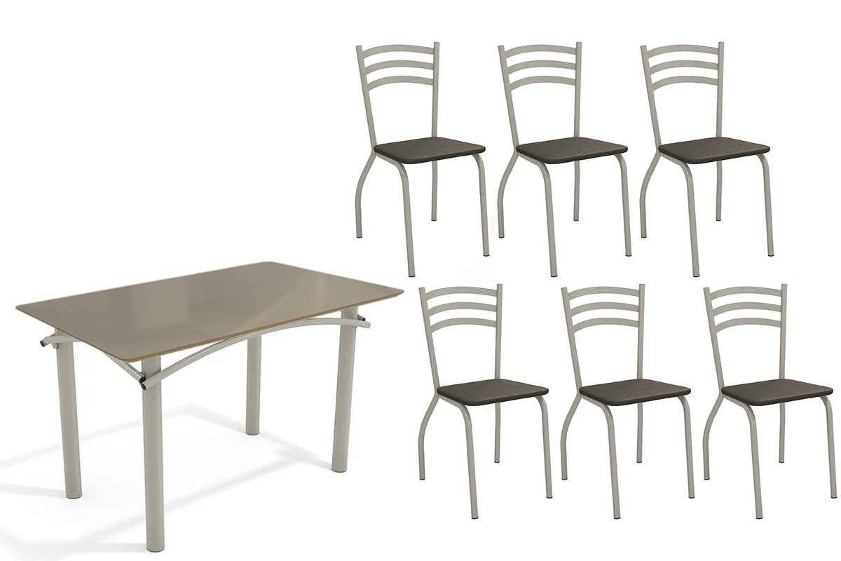 Sala Jantar Mesa Elba Tampo Madeirado c/ Vidro 120cm e 6 Cadeiras Portugal - Kappesberg