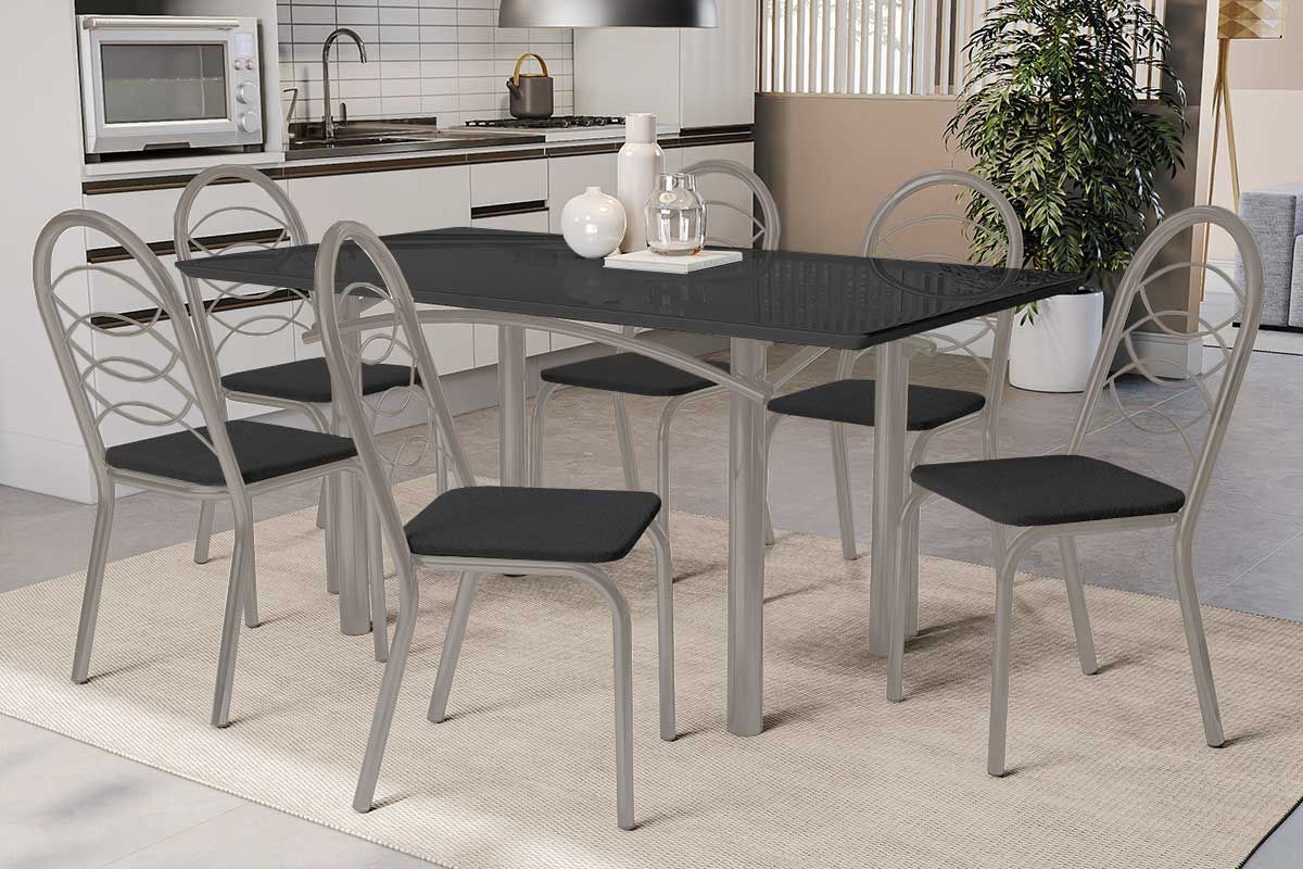 Sala Jantar Mesa Elba Tampo Madeirado c/ Vidro 160cm e 6 Cadeiras Holanda - Kappesberg