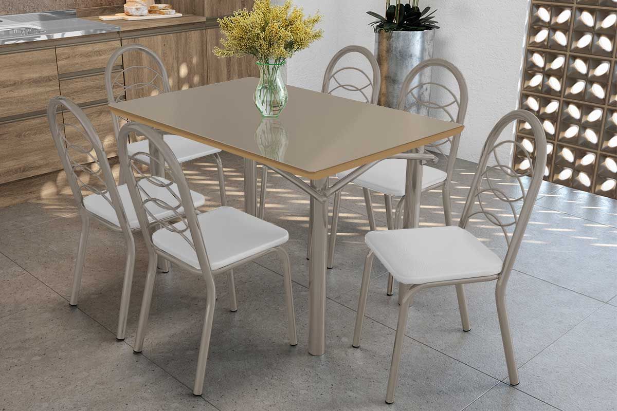 Sala Jantar Mesa Elba Tampo Madeirado c/ Vidro 120cm e 6 Cadeiras Holanda - Kappesberg