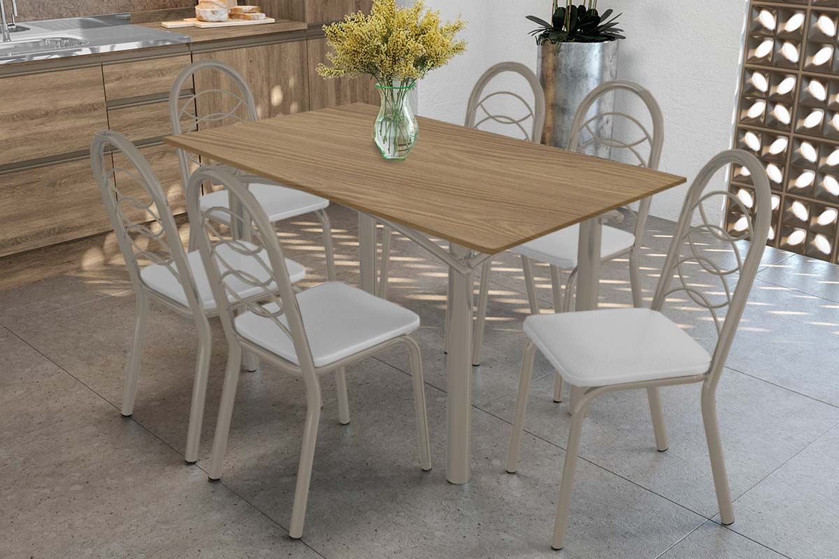 Sala Jantar Mesa Elba c/ Tampo de Madeira 160cm e 6 Cadeiras Holanda - Kappesberg