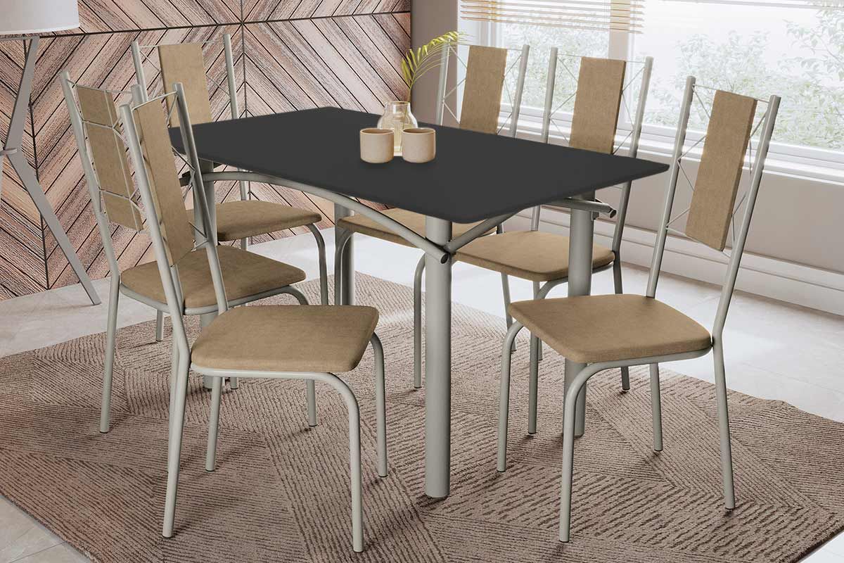 Sala Jantar Mesa Elba Tampo Madeirado c/ Vidro 160cm e 6 Cadeiras Lisboa - Kappesberg