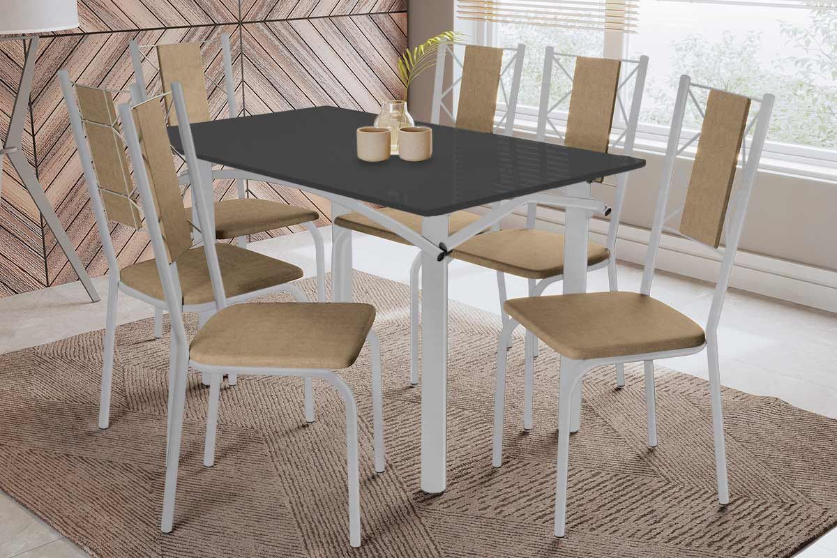 Sala Jantar Mesa Elba Tampo Madeirado c/ Vidro 120cm e 6 Cadeiras Lisboa - Kappesberg