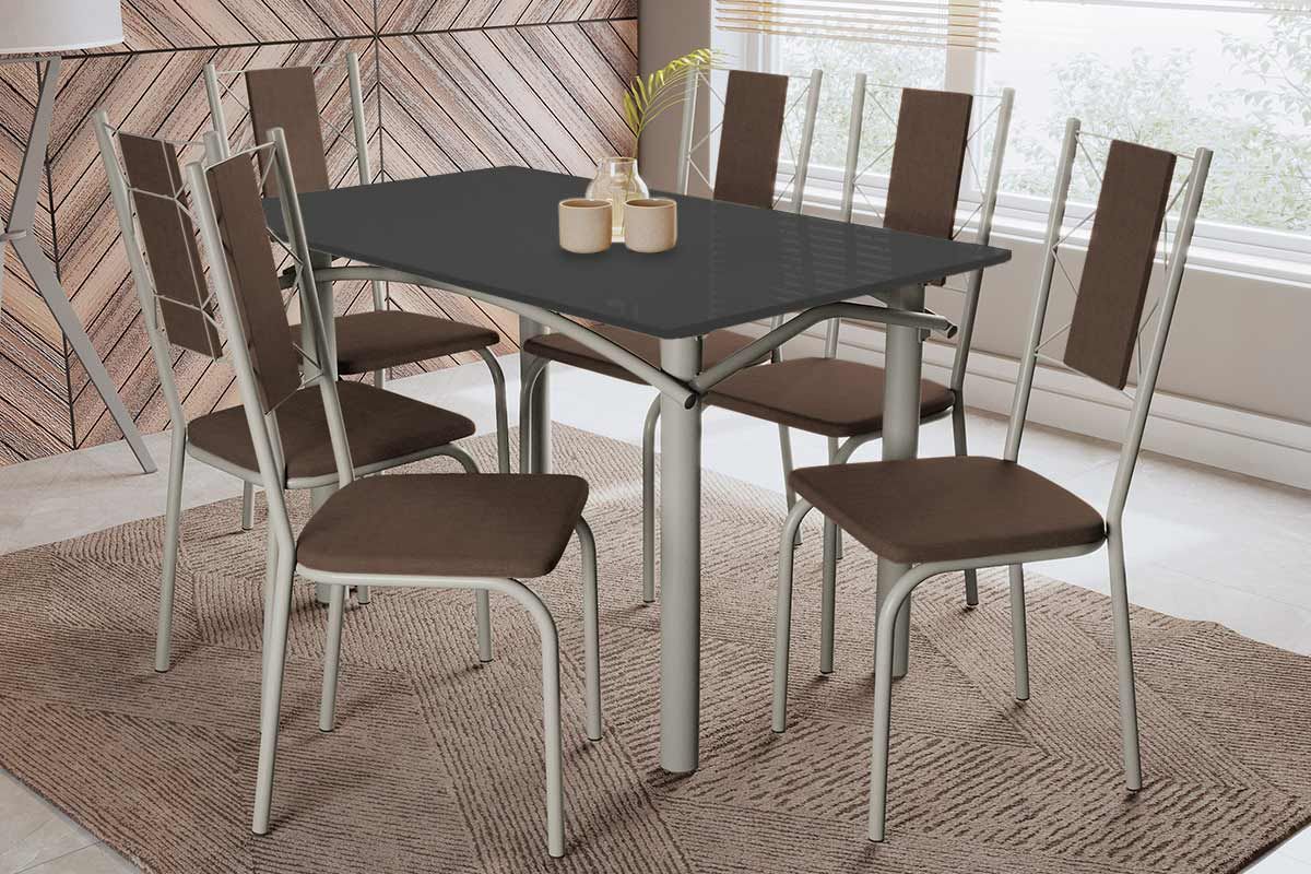 Sala Jantar Mesa Elba Tampo Madeirado c/ Vidro 120cm e 6 Cadeiras Lisboa - Kappesberg