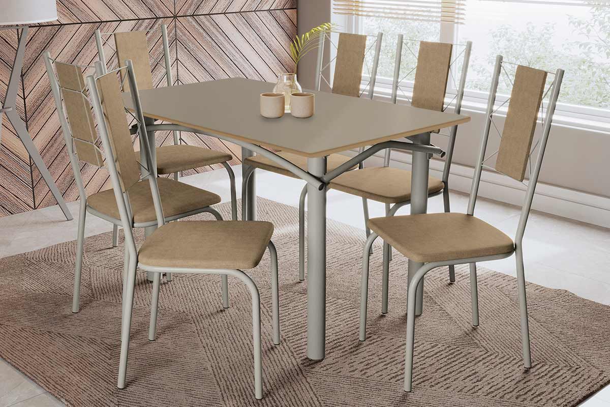 Sala Jantar Mesa Elba Tampo Madeirado c/ Vidro 120cm e 6 Cadeiras Lisboa - Kappesberg