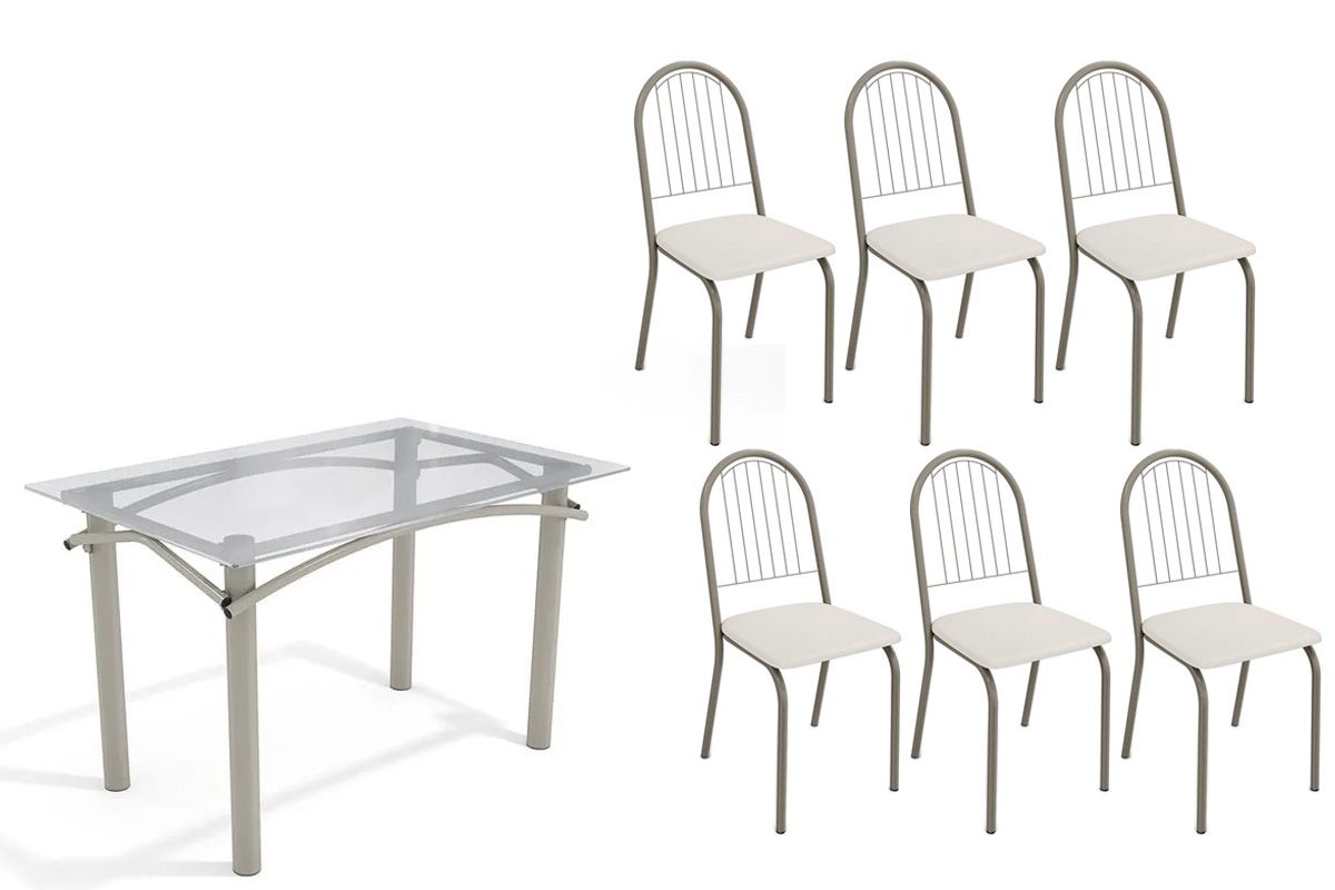 Sala Jantar Mesa Elba c/ Tampo de Vidro 120cm e 6 Cadeiras Noruega - Kappesberg
