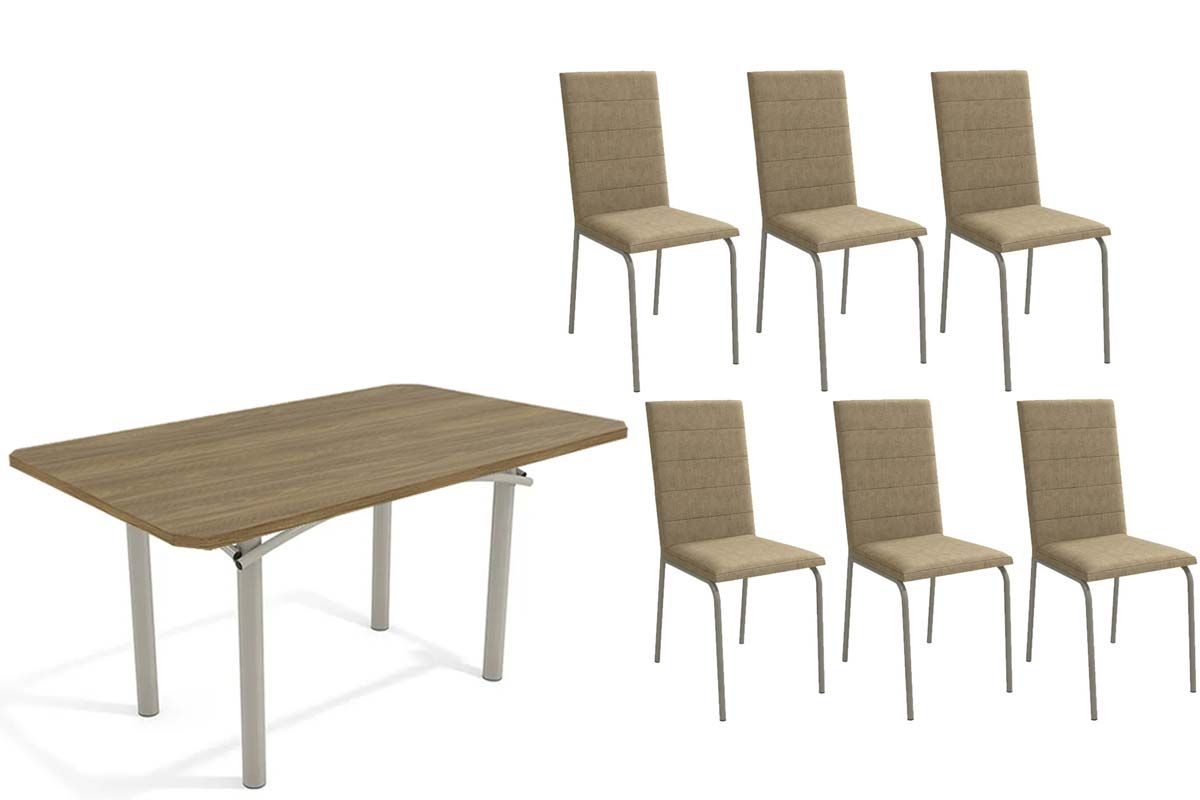 Sala Jantar Mesa Elba c/ Tampo de Madeira 160cm e 6 Cadeiras Amsterdã - Kappesberg