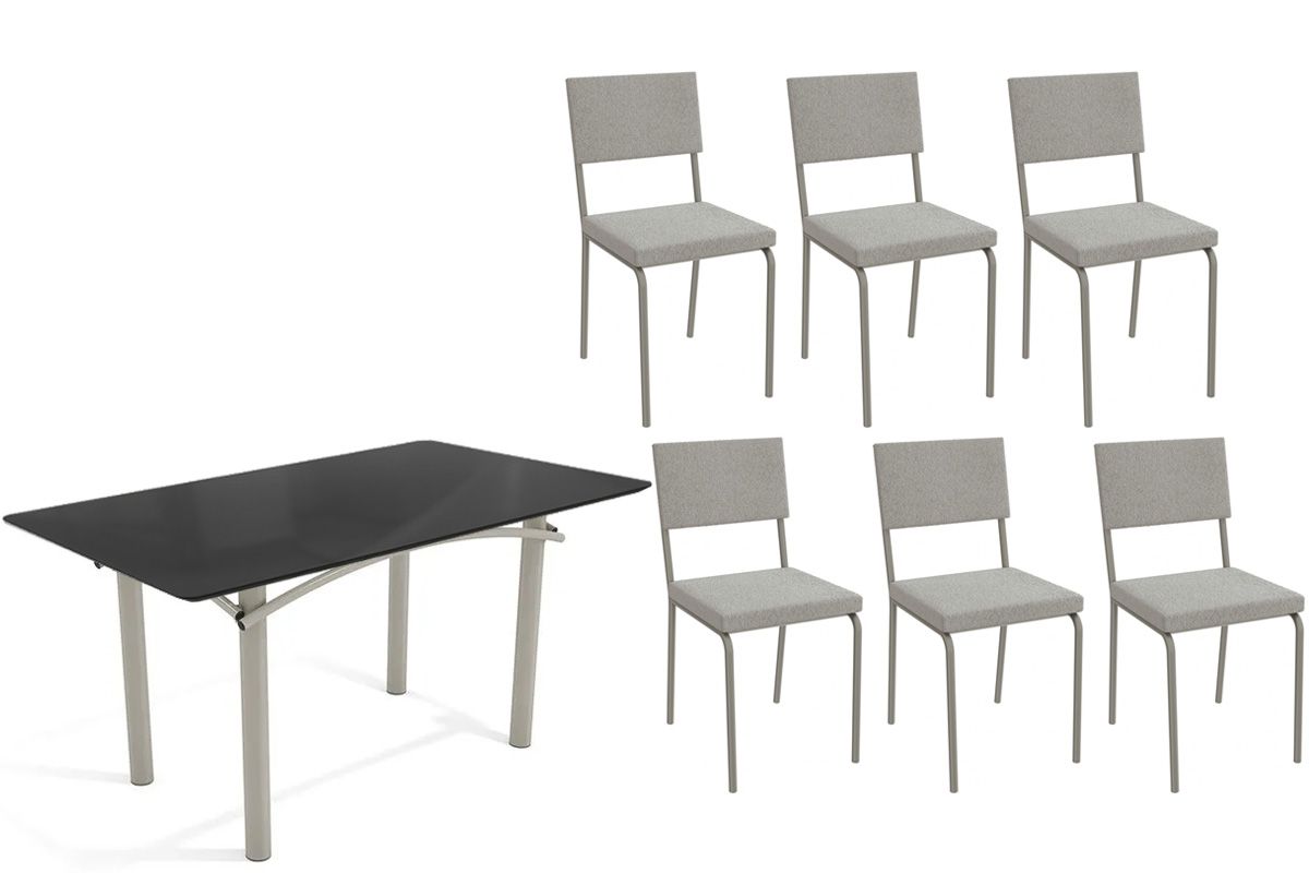 Sala Jantar Mesa Elba Tampo Madeirado c/ Vidro 160cm e 6 Cadeiras Zaria - Kappesberg