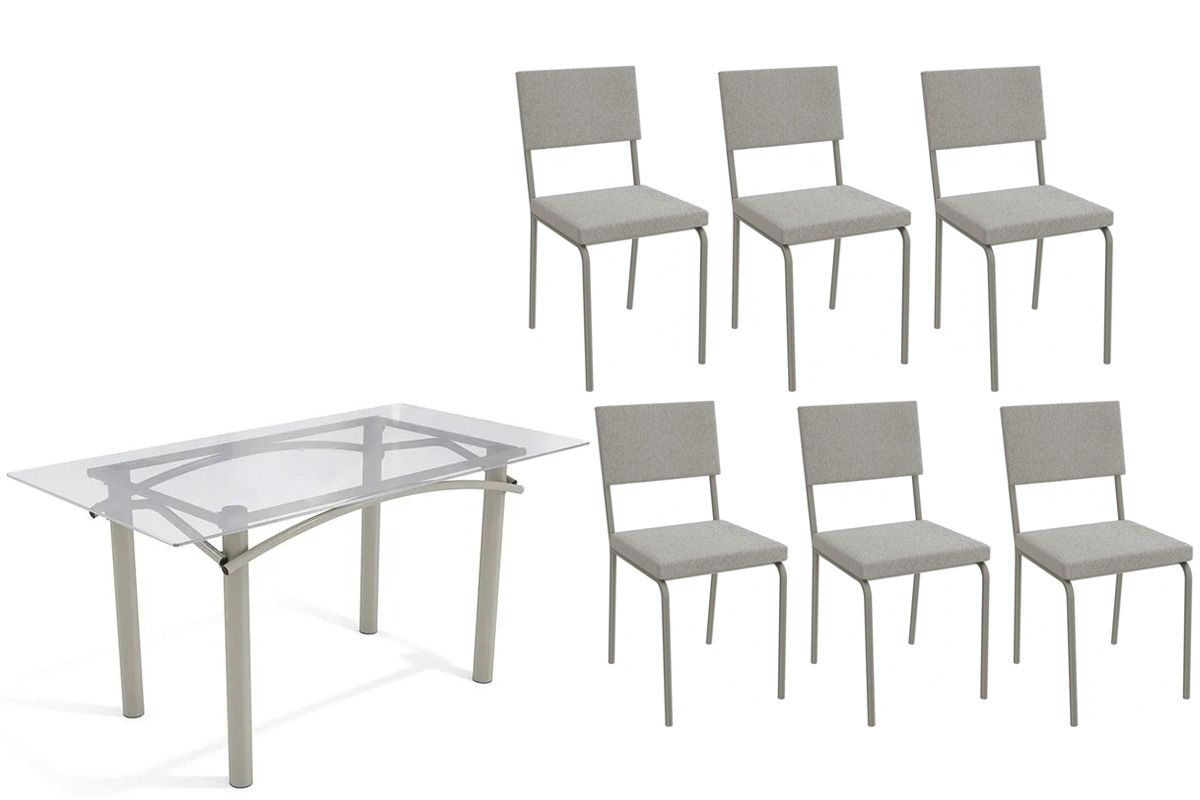 Sala Jantar Mesa Elba c/ Tampo de Vidro 150cm e 6 Cadeiras Zaria - Kappesberg
