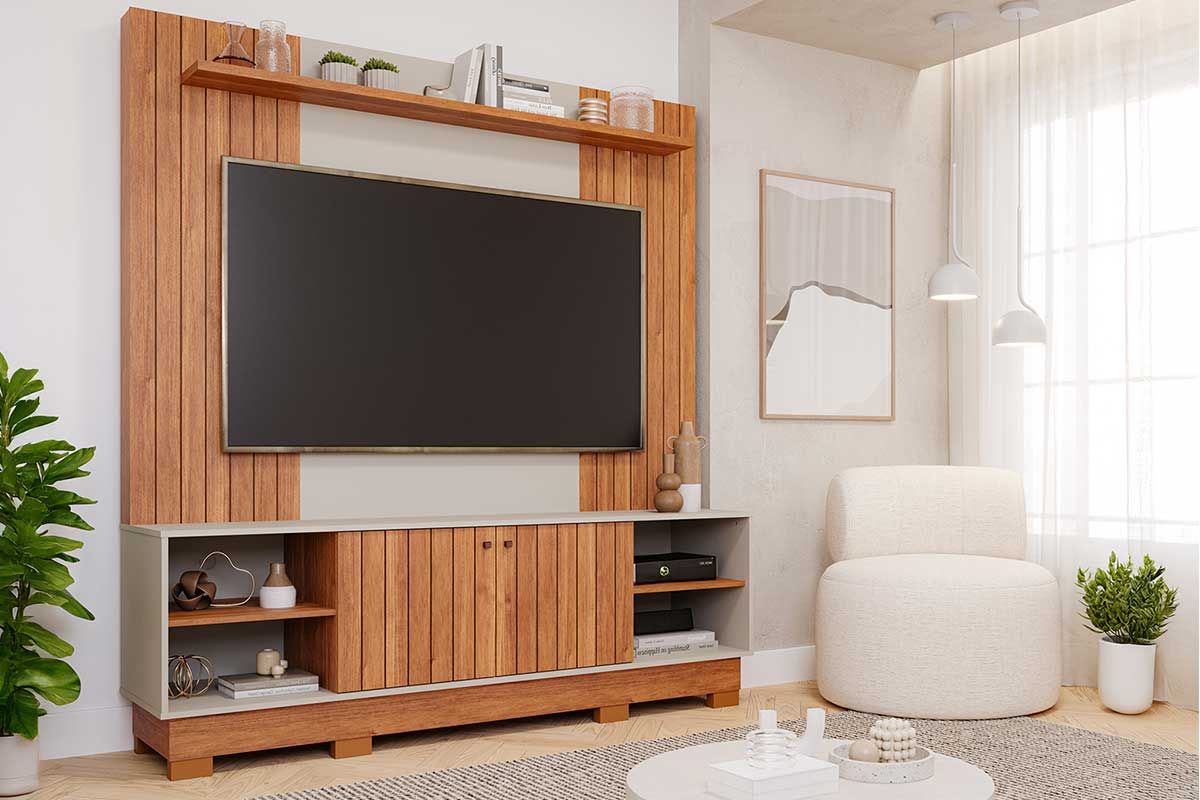 Home p/ TV até 70 Pol Caribe 1.8 Ripado c/2 Portas e 4 Nichos 180x196cm Permóbili