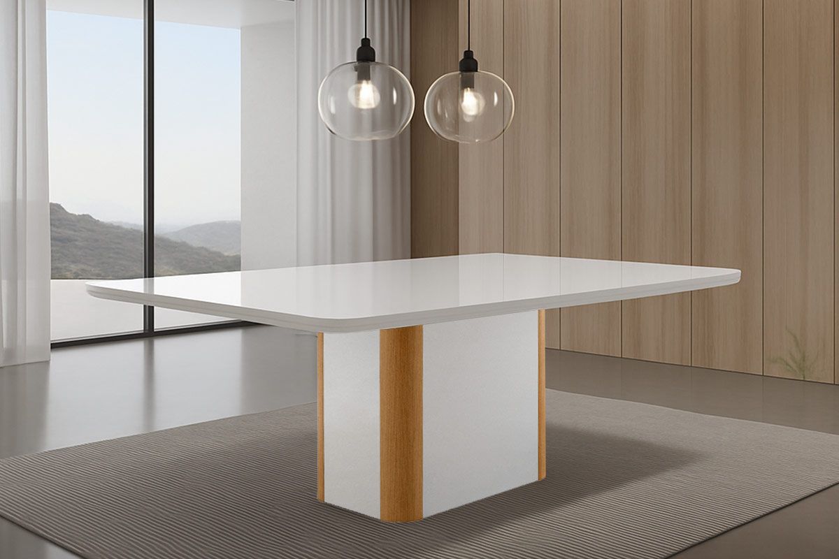 Mesa Jantar Pietá c/Tampo MDF/Vidro Curvo 120cm Off White/Naturale/Off White Rufato