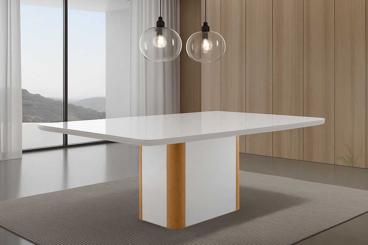 Mesa Jantar Pietá c/Tampo MDF/Vidro Curvo 180cm Off White/Naturale/Off White Rufato