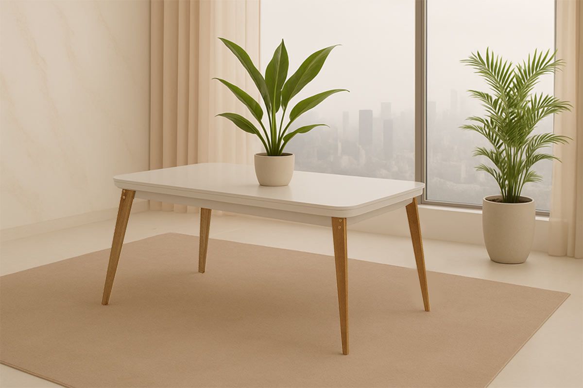 Mesa Jantar Havana c/Tampo MDF/Vidro Curvo 180cm Madeira Capuccino/Off White Rufato