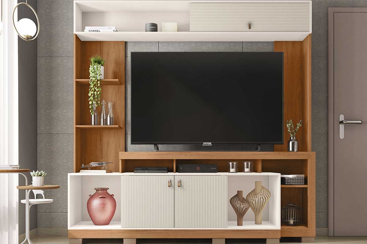 Home p/ TV até 65 Pol Sinfonia c/3 Portas e 7 Nichos 200x203cm Freijo/Off White Mr Caemmun