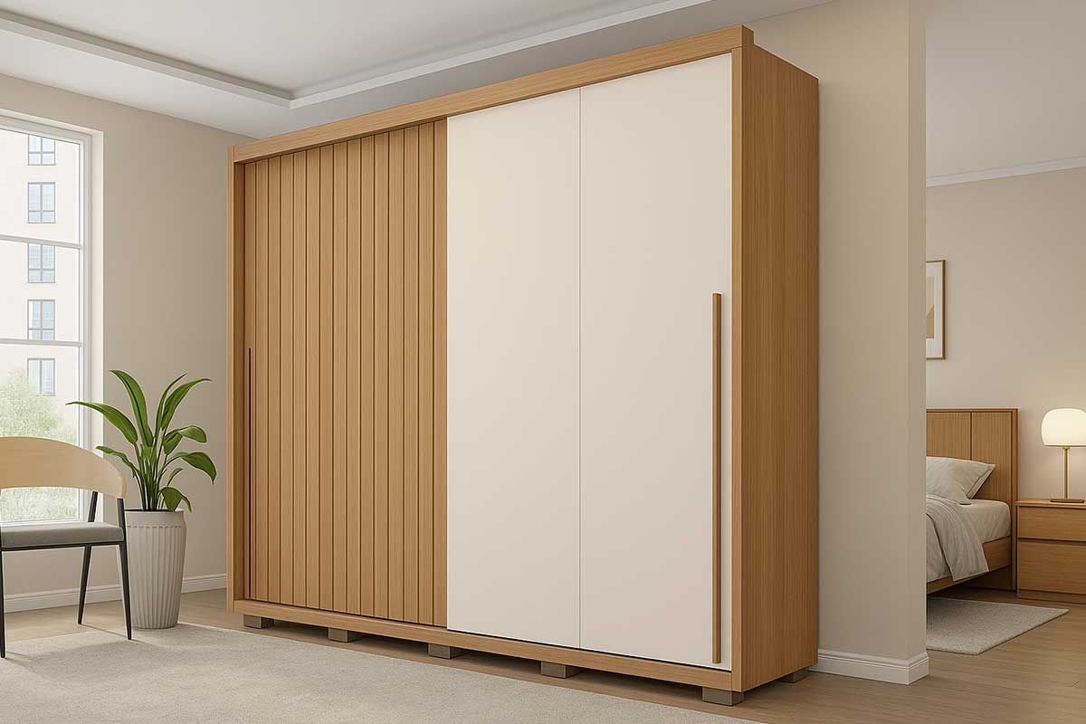 Guarda Roupa Casal 2 Portas de Correr (1 Ripada) e 4 Gavetas Moviment 2.4 Flex Freijo/Off White ou Sued Caemmun