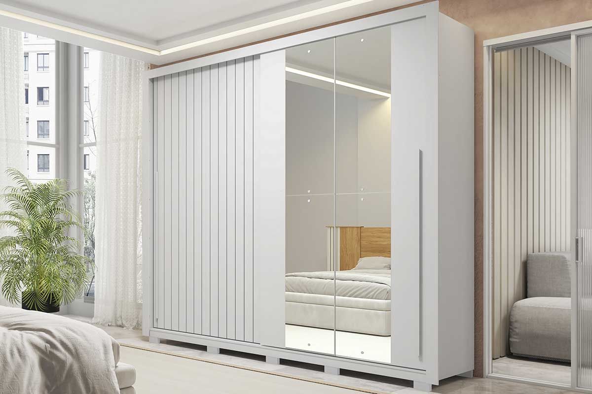 Guarda Roupa Casal 2 Portas de Correr (1 Ripada e 1 c/Espelho) e 4 Gavetas Romanus Double Lux Caemmun
