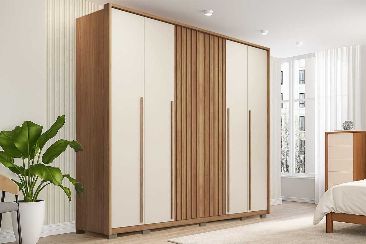 Guarda Roupa Casal 6 Portas (2 Ripadas) e 6 Gavetas Poseidon Freijo/Off White Caemmun