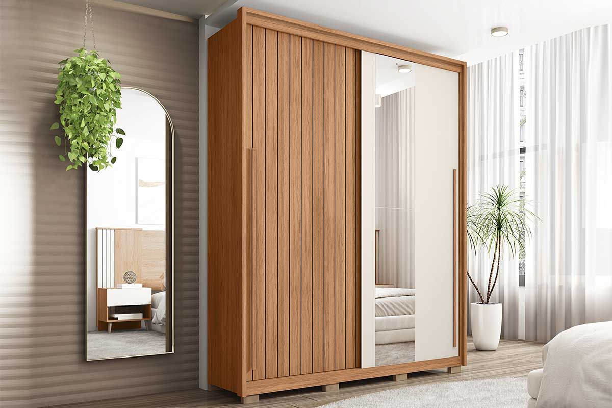 Guarda Roupa Solteiro 2 Portas de Correr (1 Ripada e 1 c/Espelho) e 3 Gavetas Moviment 1.8 Lux Flex Freijo/Off White ou Sued Caemmun