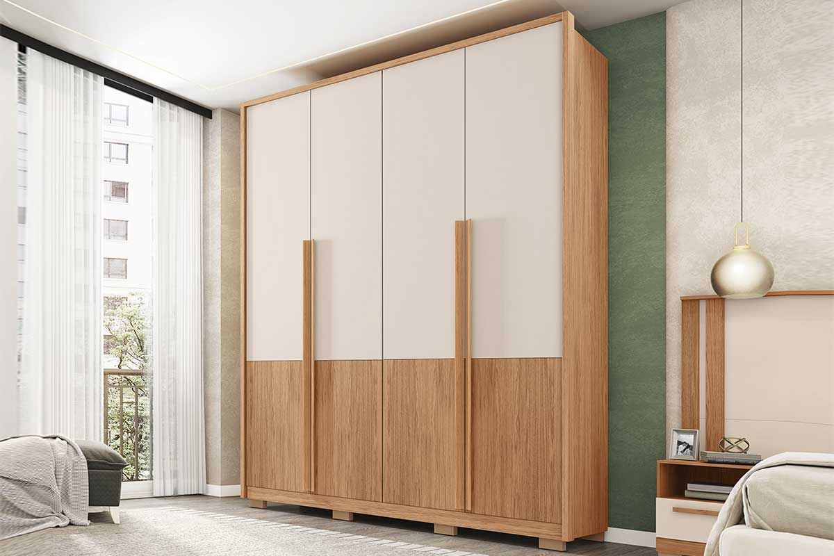 Guarda Roupa Solteiro 4 Portas (2 Ripadas) e 3 Gavetas Francis 1.8 Freijo/Sued Caemmun