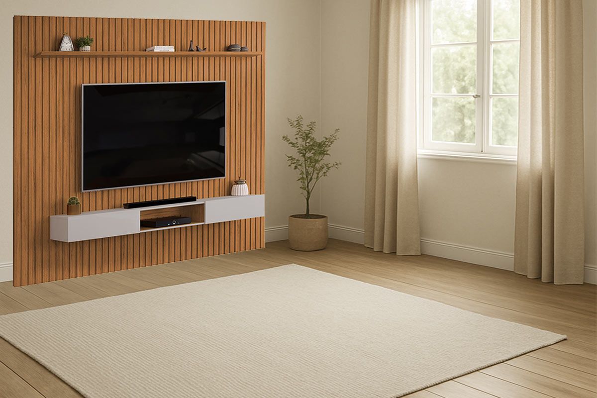 Rack Bancada c/Painel p/ TV Trento 275x240cm Freijo/Off White - DJ Móveis