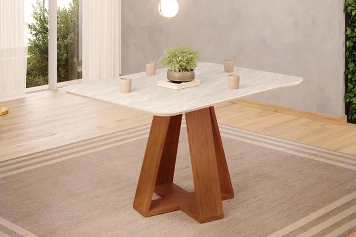 Mesa Jantar Kiara c/Tampo Madeirado c/Vidro Curvo 120x90cm Freijo/Quartzo DJ Móveis