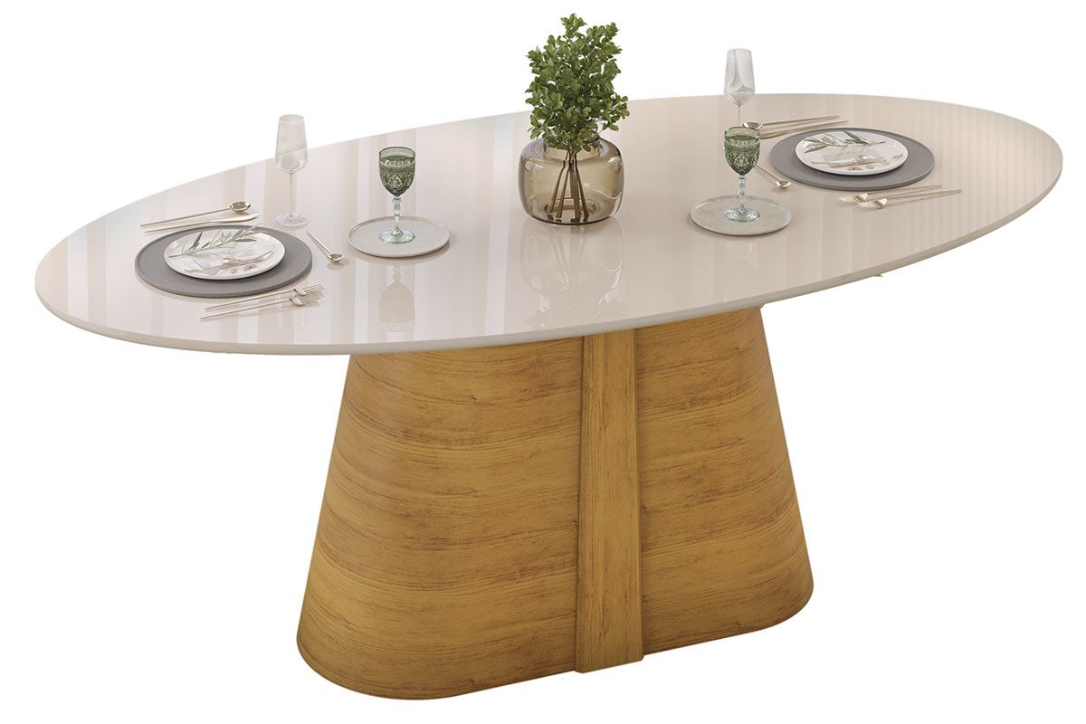 Mesa Jantar Ryze Tampo c/Vidro Oval 218cm Cedro/Off DJ Móveis