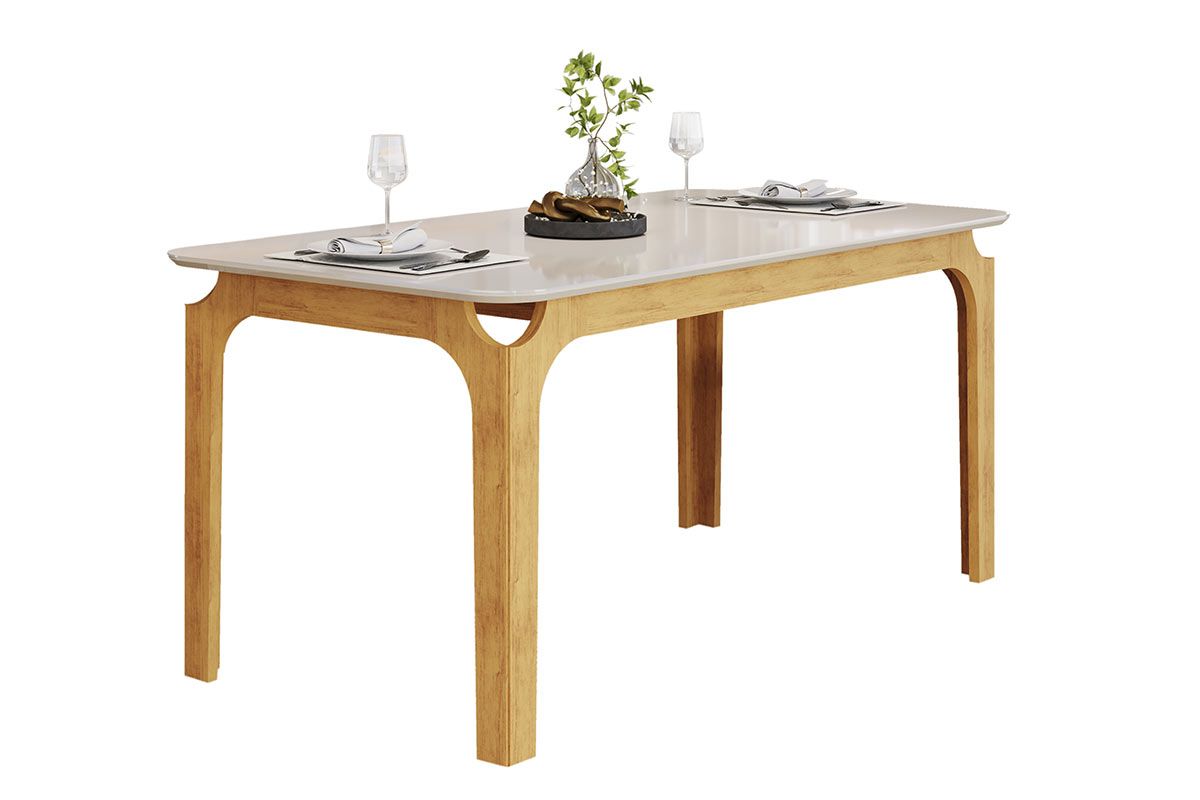 Mesa Jantar Marina c/Tampo Madeirado c/Vidro Curvo 160x80cm DJ Móveis