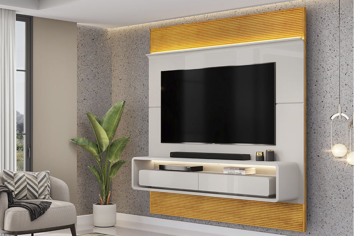 Painel Home p/ TV até 70 Pol Taylor 179x207cm Off White/Freijó DJ Móveis