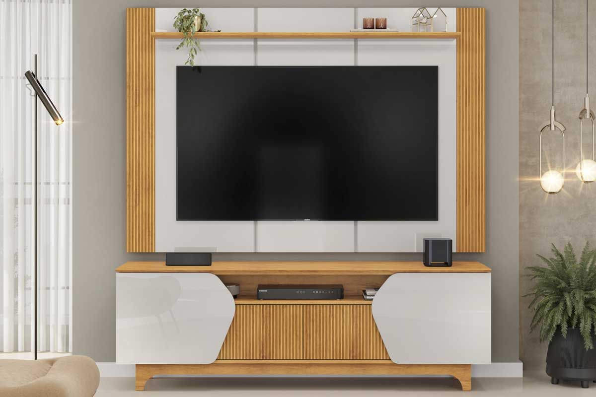 Rack Bancada c/Painel p/ TV até 75 Pol Helo 4 Portas Off White/Freijó - DJ Móveis