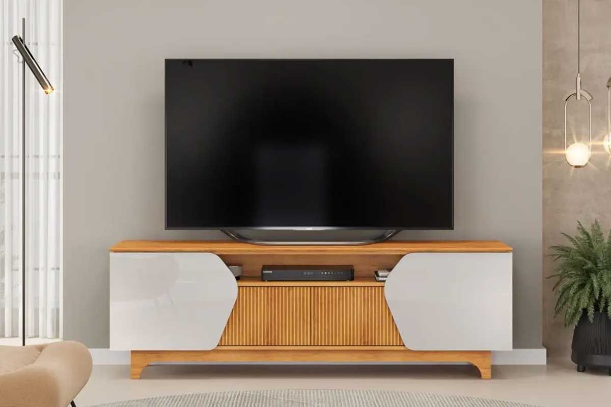 Rack Bancada p/ TV até 75 Pol Helo c/4 Portas Off White/Freijó DJ Móveis