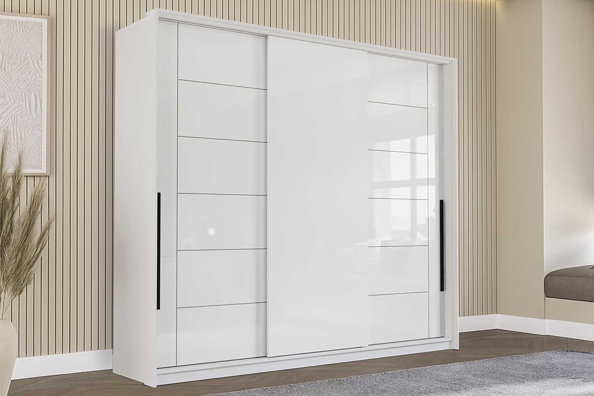 Guarda Roupa Casal 3 Portas de Correr e 4 Gavetas Lisboa Branco/Azul Politorno