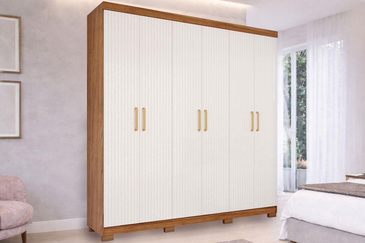 Guarda Roupa Casal 6 Portas e 3 Gavetas c/Espelho Interno Clara Cinamomo Panan