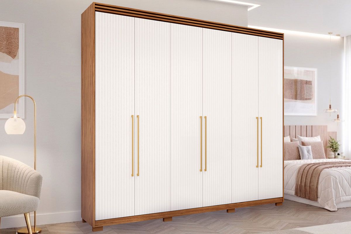 Guarda Roupa Casal 6 Portas e 5 Gavetas c/1 Espelho Interno e Pés Aurora Cinamomo Panan