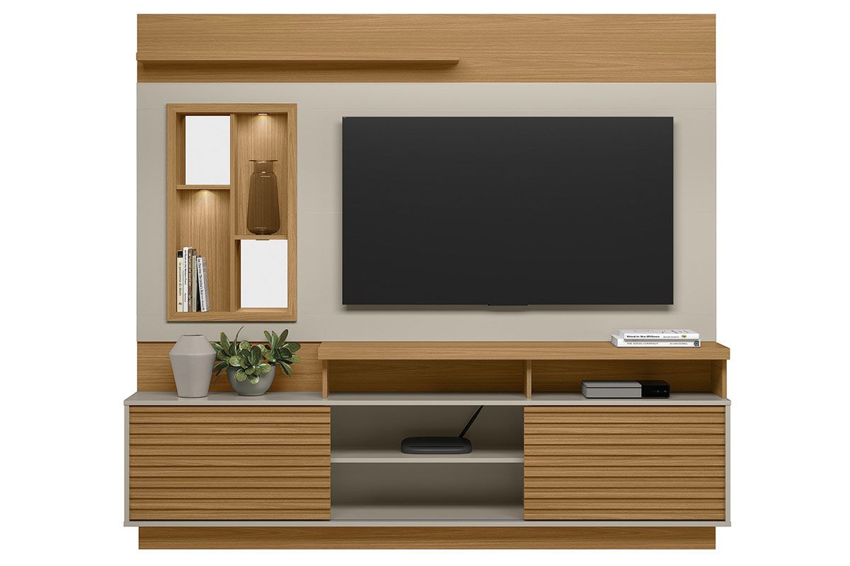 Home p/ TV até 60 Pol Eldorado c/Portas Ripada Prateleiras e Nicho c/Espelho 200x181cm Jatoba/Off White Linea Brasil