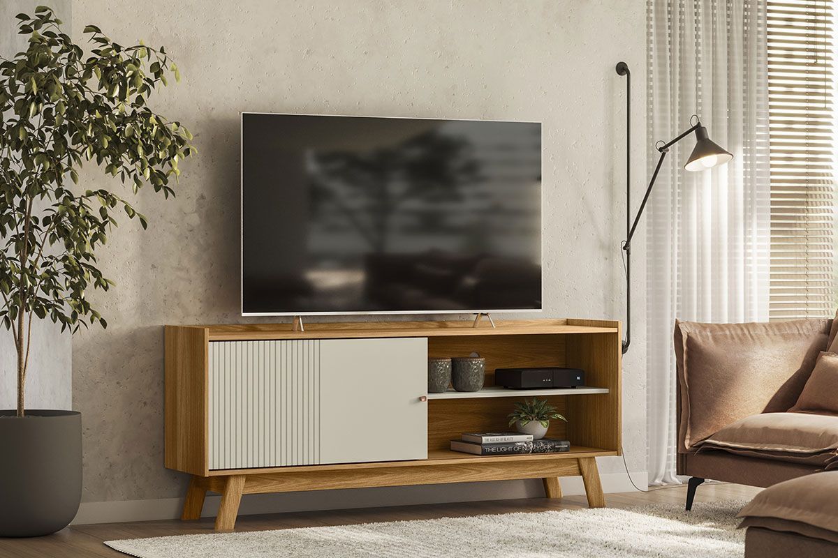 Rack Bancada p/ TV até 65 Pol Aurum 1 Pta 1 Prat c/Pés 160x66cm Nature/Off White Linea Brasil