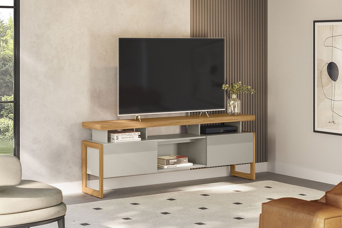 Rack Bancada p/ TV até 70 Pol Esmeralda 2 Ptas 1 Nicho c/Pés 180x65cm Linea Brasil