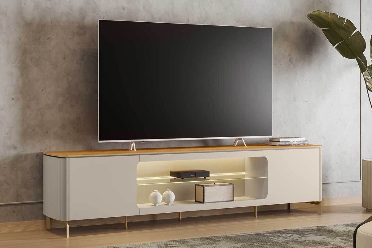 Rack Bancada p/ TV até 85 Pol Santorini Organico 2 Ptas 1 Prat Vidro c/Leads 239x59cm Tauari/Off White Fosco Linea Brasil