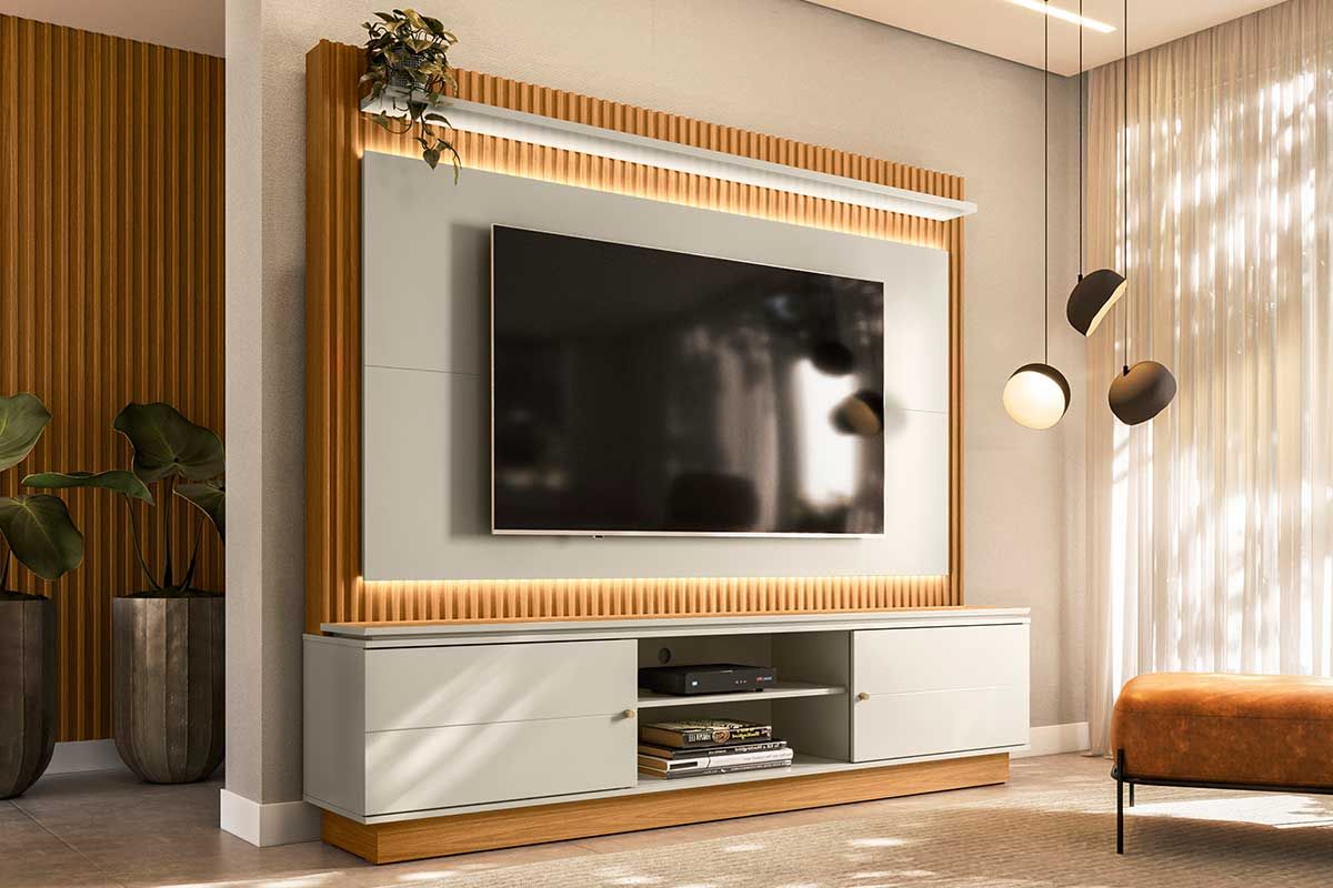 Home p/ TV até 75 Pol Guararapes Ripado c/2 Portas 2 Prateleiras e Leds 215x191cm Nature/Off White Linea Brasil