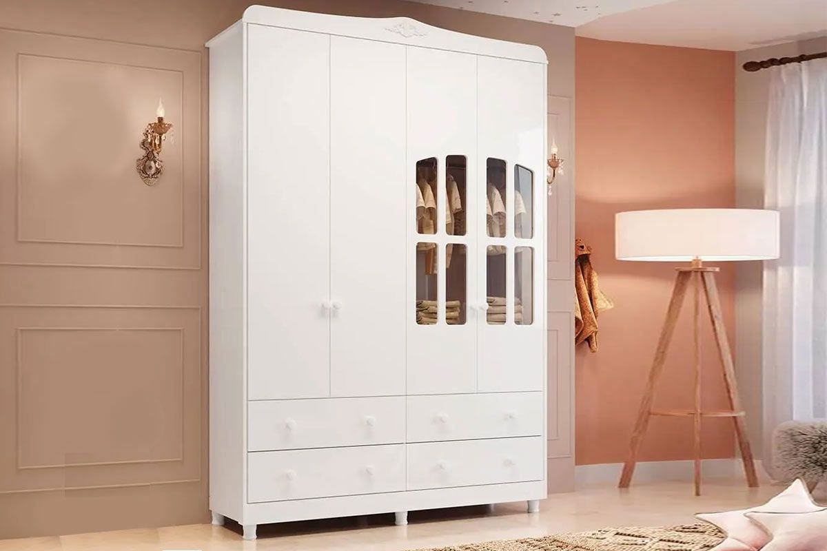 Guarda Roupa Infantil c/4 Portas (2 Cristal) e 4 Gavetas Êlo Peroba
