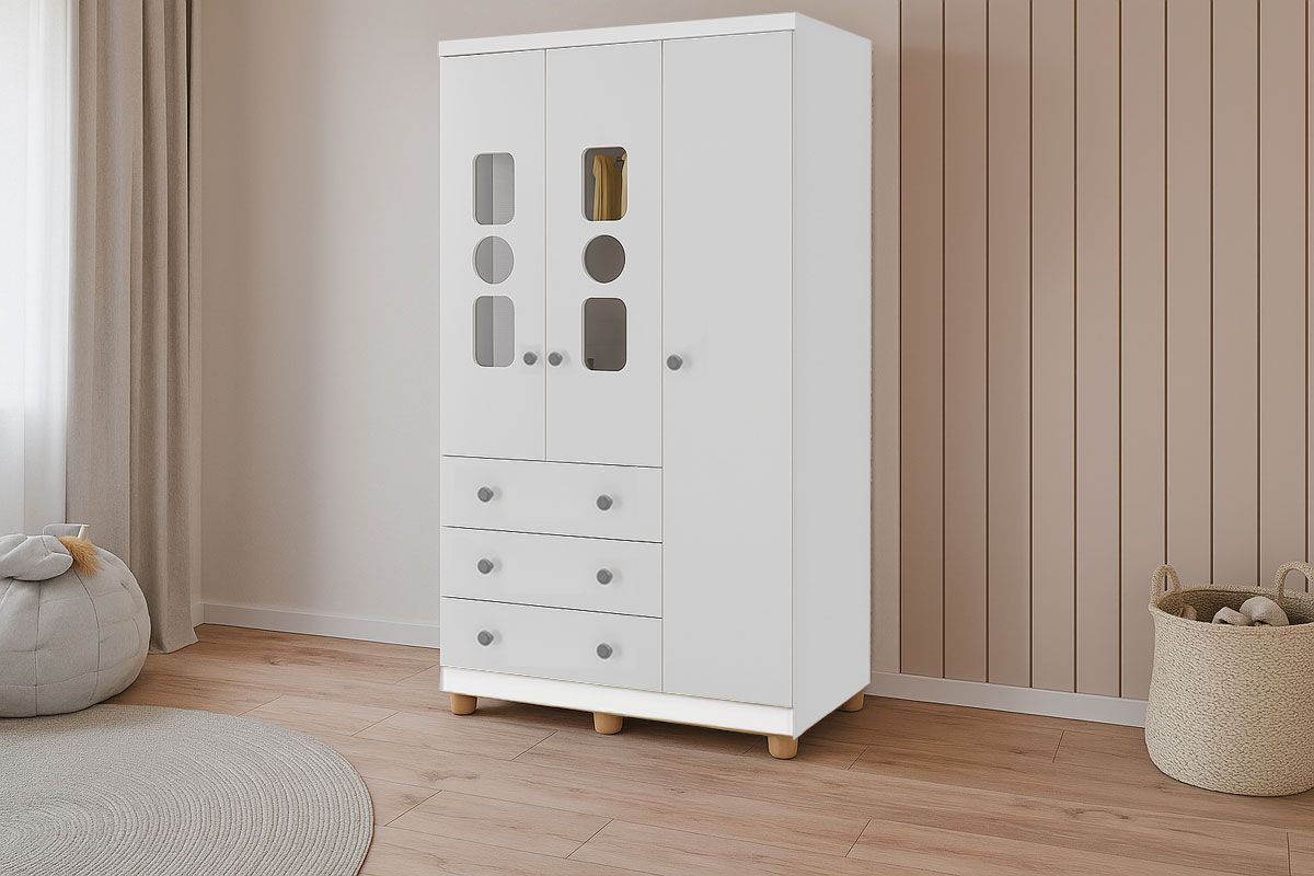 Guarda Roupa Infantil c/3 Portas (2 Cristal) e 3 Gavetas Tedy Branco/Amêndoa Peroba